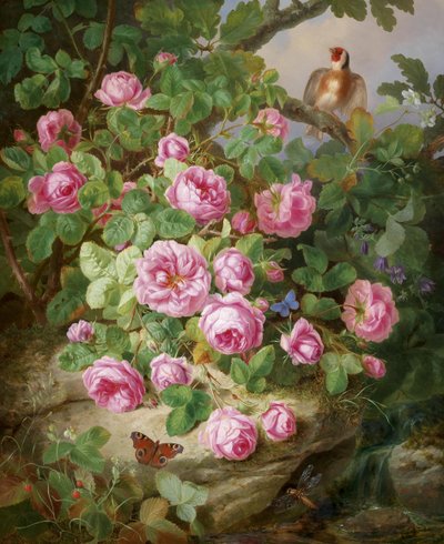 Still Life with Roses, Butterflies, and Bird by Josef Lauer